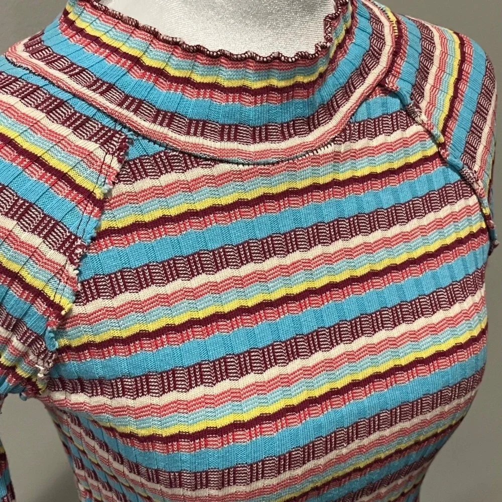 Free People Mirror‎ Striped Tee Mock Ruffle Cropped Long Sleeve Top Small Retro